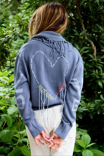 Fringe Shawl Collar Love Cardigan