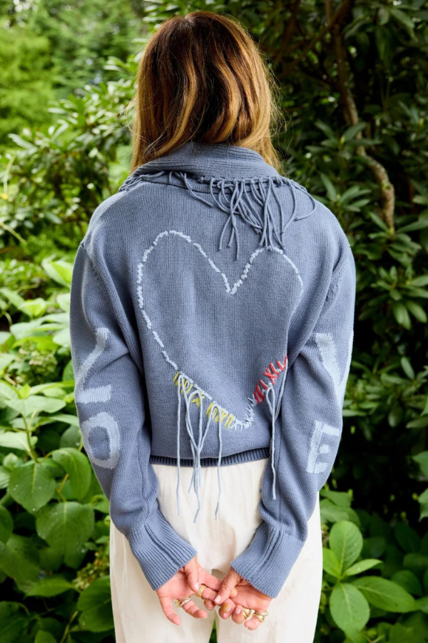 Fringe Shawl Collar Love Cardigan